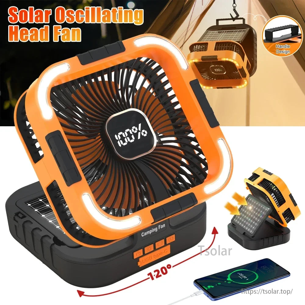 10000mAh Solar Camping Fan, Solar-powered oscillating fan with 10000mAh battery, USB Type-C charging, 120° rotation, handle design, ideal for camping.