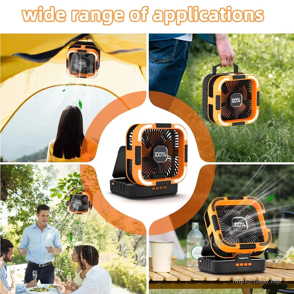 10000mAh Solar Camping Fan, LED ring light with built-in LEDs offering white, warm, and mixed lighting modes.