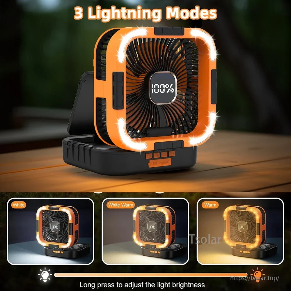 10000mAh Solar Camping Fan, Solar camping fan with 10,000mAh battery, 3 lighting modes, adjustable brightness, and USB Type-C charging.