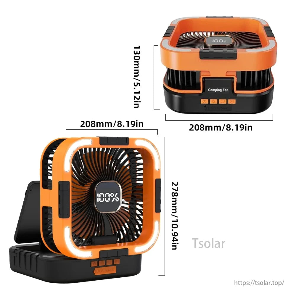 10000mAh Solar Camping Fan, Solar camping fan with 100% power display.