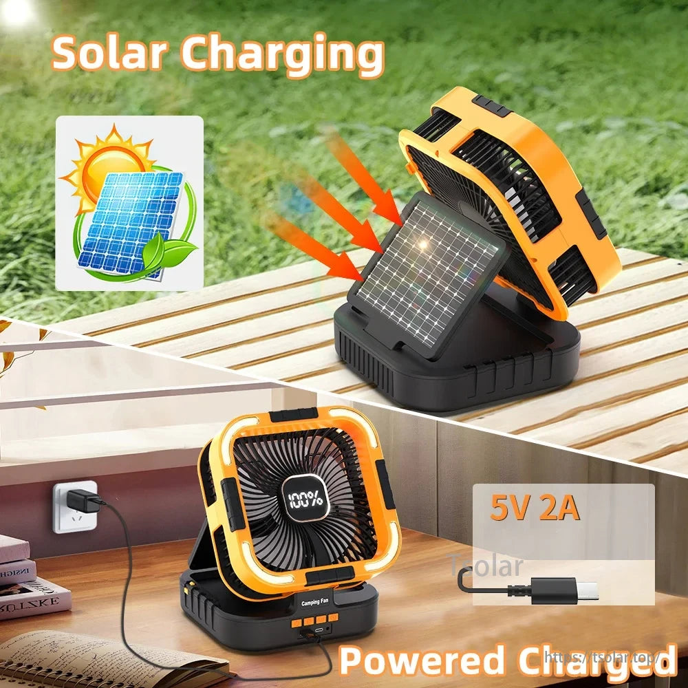 10000mAh Solar Camping Fan, Solar-powered camping fan with 10,000mAh battery, 5V 2A output; portable, rechargeable for outdoor use.
