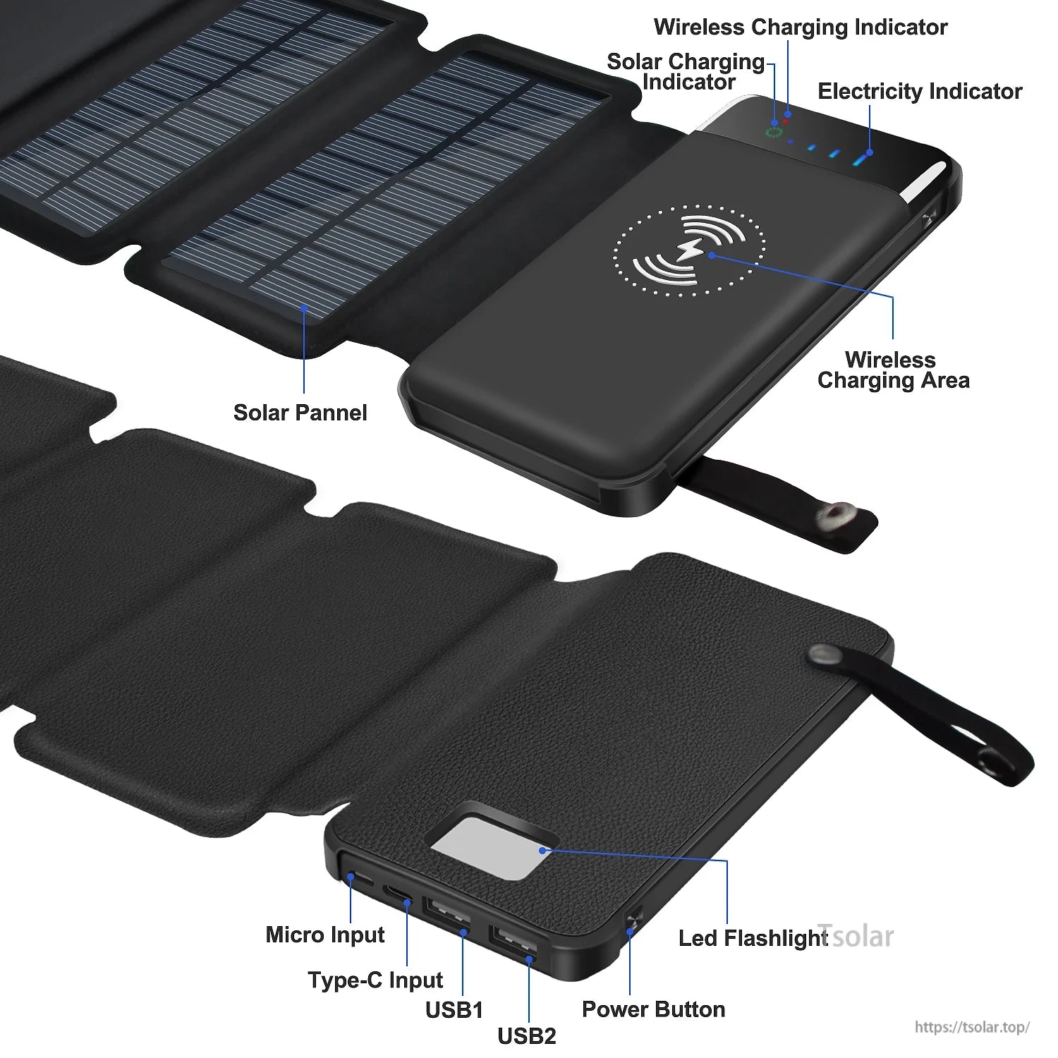10000mAh solar power bank with wireless charging, solar panels, USB ports, and LED flashlight.