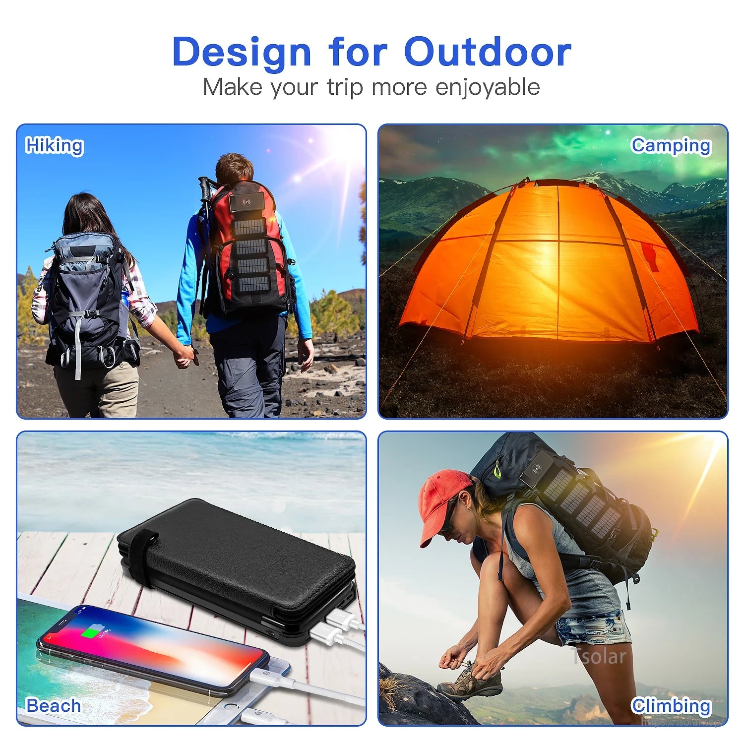 10000mAh Solar Power Bank, Enhance outdoor experiences with this solar power bank for hiking, camping, and beach adventures