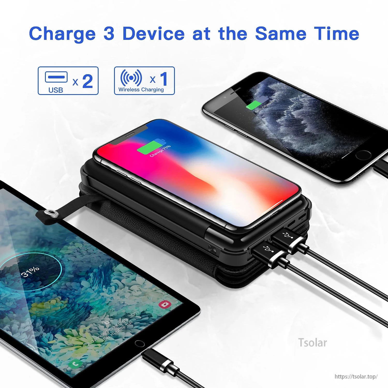 10000mAh Solar Power Bank, Charge 3 Devices Simultaneously with USB and Wireless Ports