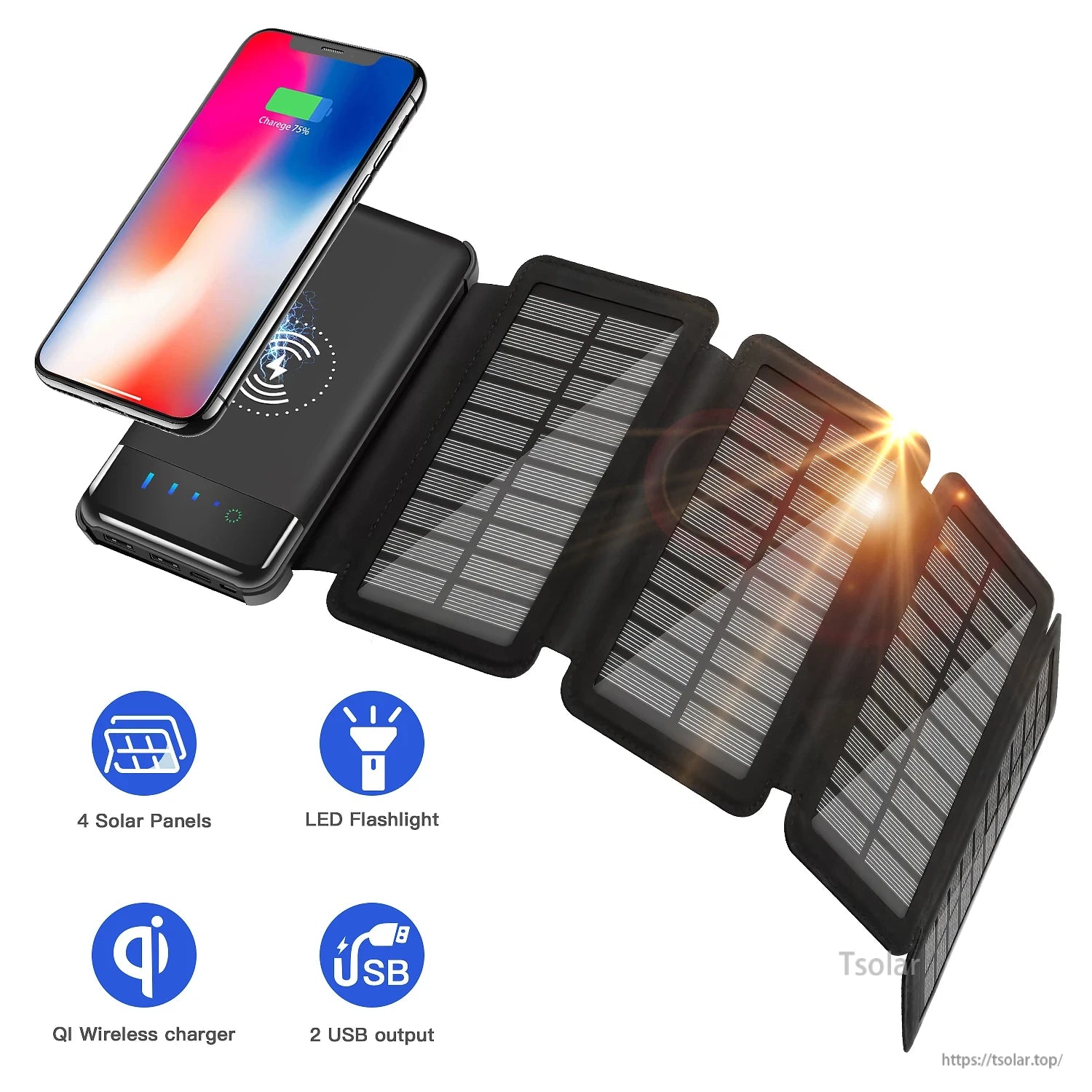 A 10000mAh solar power bank with 4 panels, LED flashlight, Qi wireless charging, and 2 USB ports.