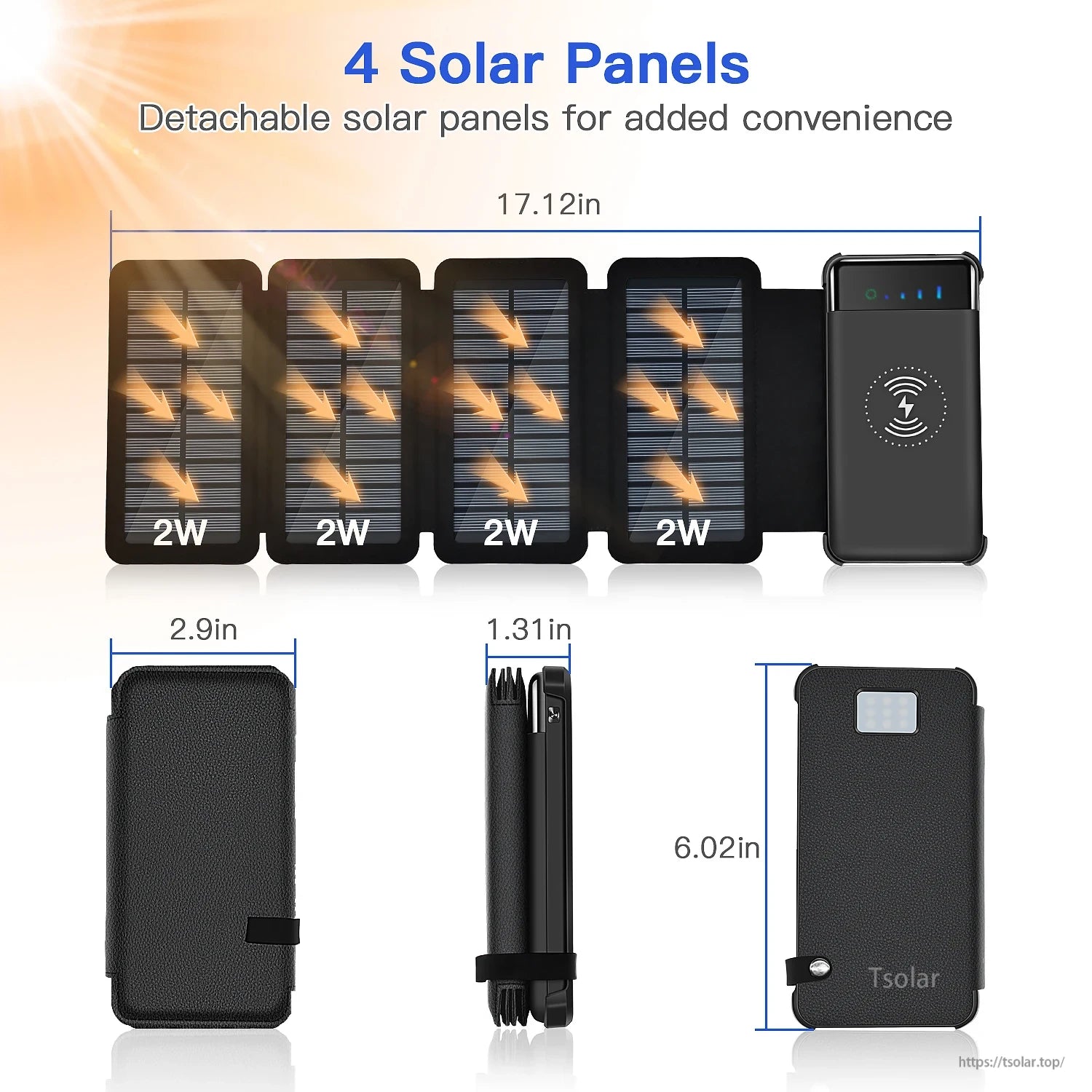 10000mAh Solar Power Bank, A 10,000mAh power bank with 4 detachable 2W solar panels, wireless charging, and compact dimensions (17.12" x 6.02" x 1.31").