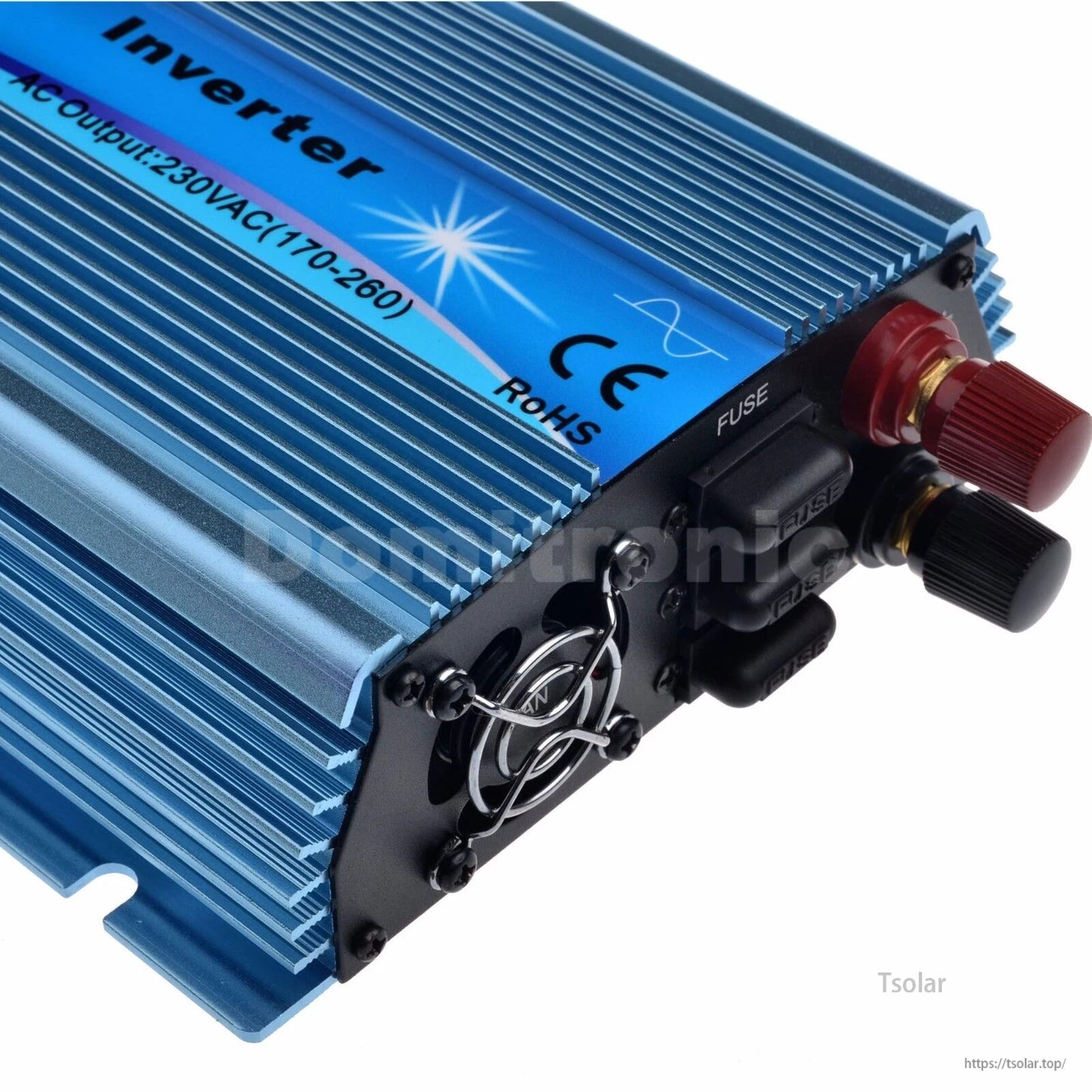 1000W grid tie inverter in blue aluminum case with cooling fan, fuse holder, and red/black DC terminals