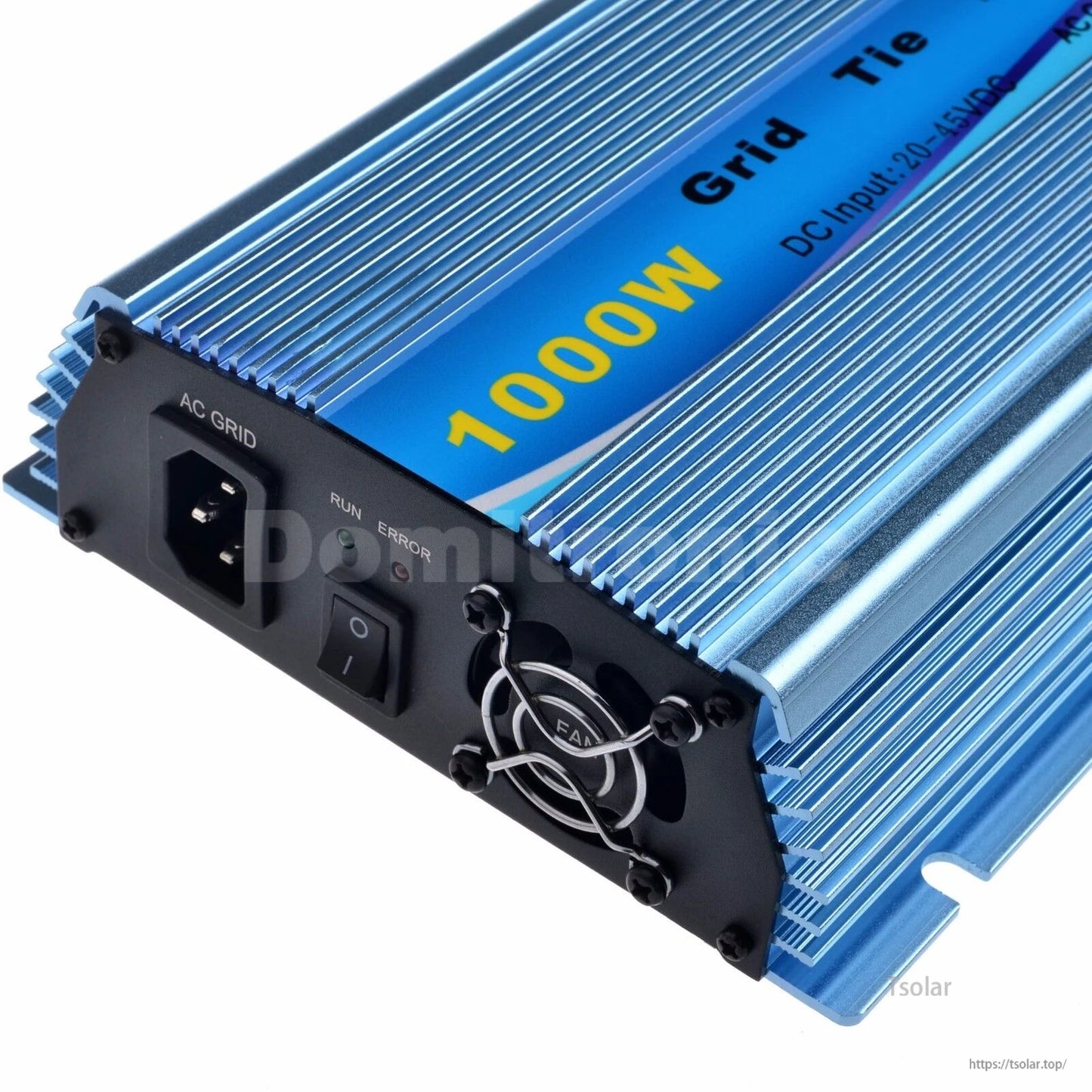 1000W grid tie inverter with blue aluminum heatsink case, AC grid socket, power switch, status LEDs, and cooling fan