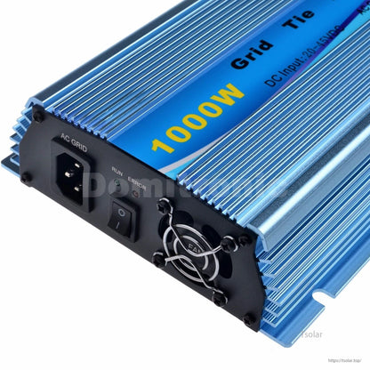 1000W grid tie inverter with blue aluminum heatsink case, AC grid socket, power switch, status LEDs, and cooling fan