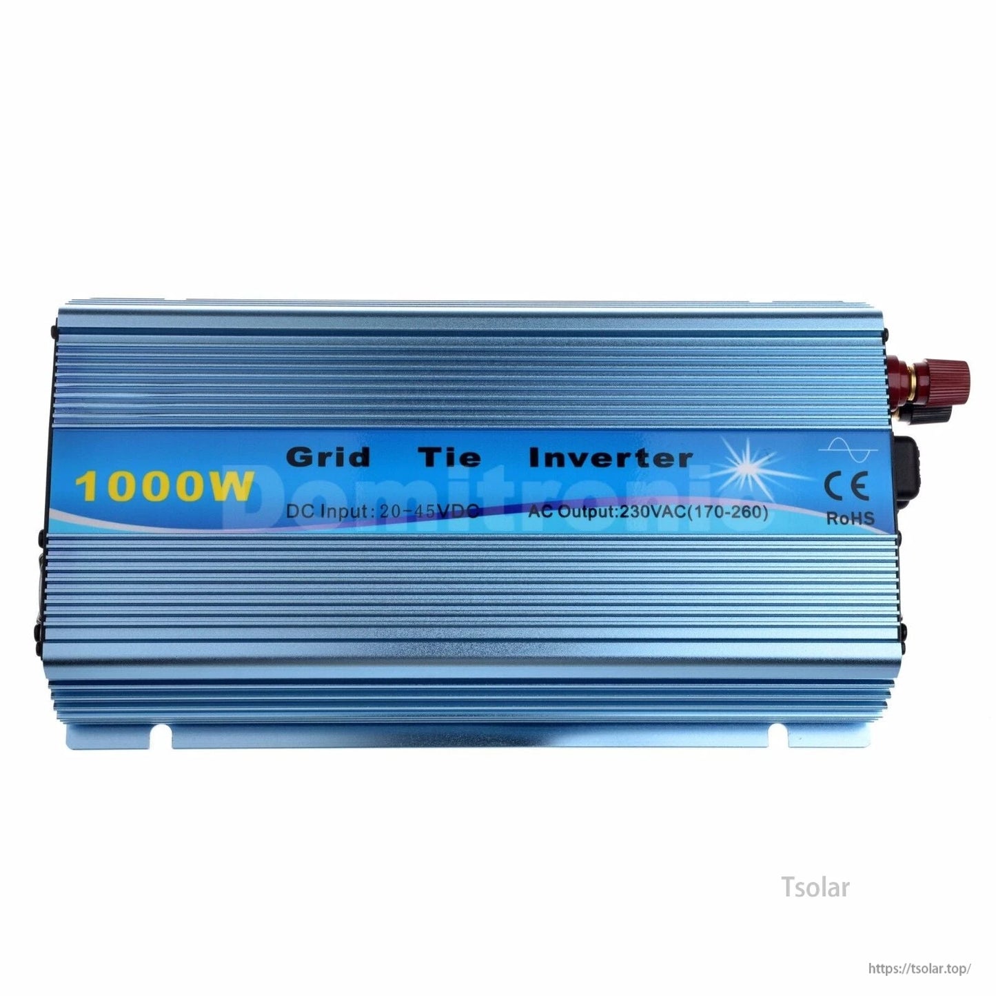 Blue 1000W grid tie inverter with finned aluminum case, DC input 20–45VDC and AC output 230VAC (170–260)
