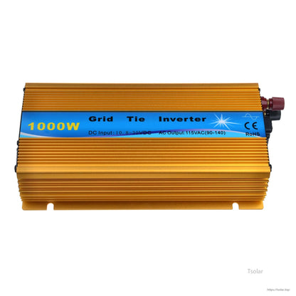 1000W MPPT Grid Tie Inverter, 1000W grid tie inverter in gold finned aluminum case with blue label and DC/AC specs printed on top