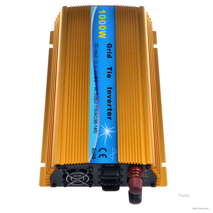 1000W MPPT Grid Tie Inverter, 1000W grid tie inverter with gold aluminum heatsink case, cooling fan, fuse, and DC input terminals
