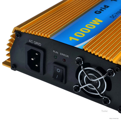 1000W MPPT Grid Tie Inverter, 1000W grid-tie inverter with AC grid input socket, power switch, RUN/ERROR LEDs, and cooling fan