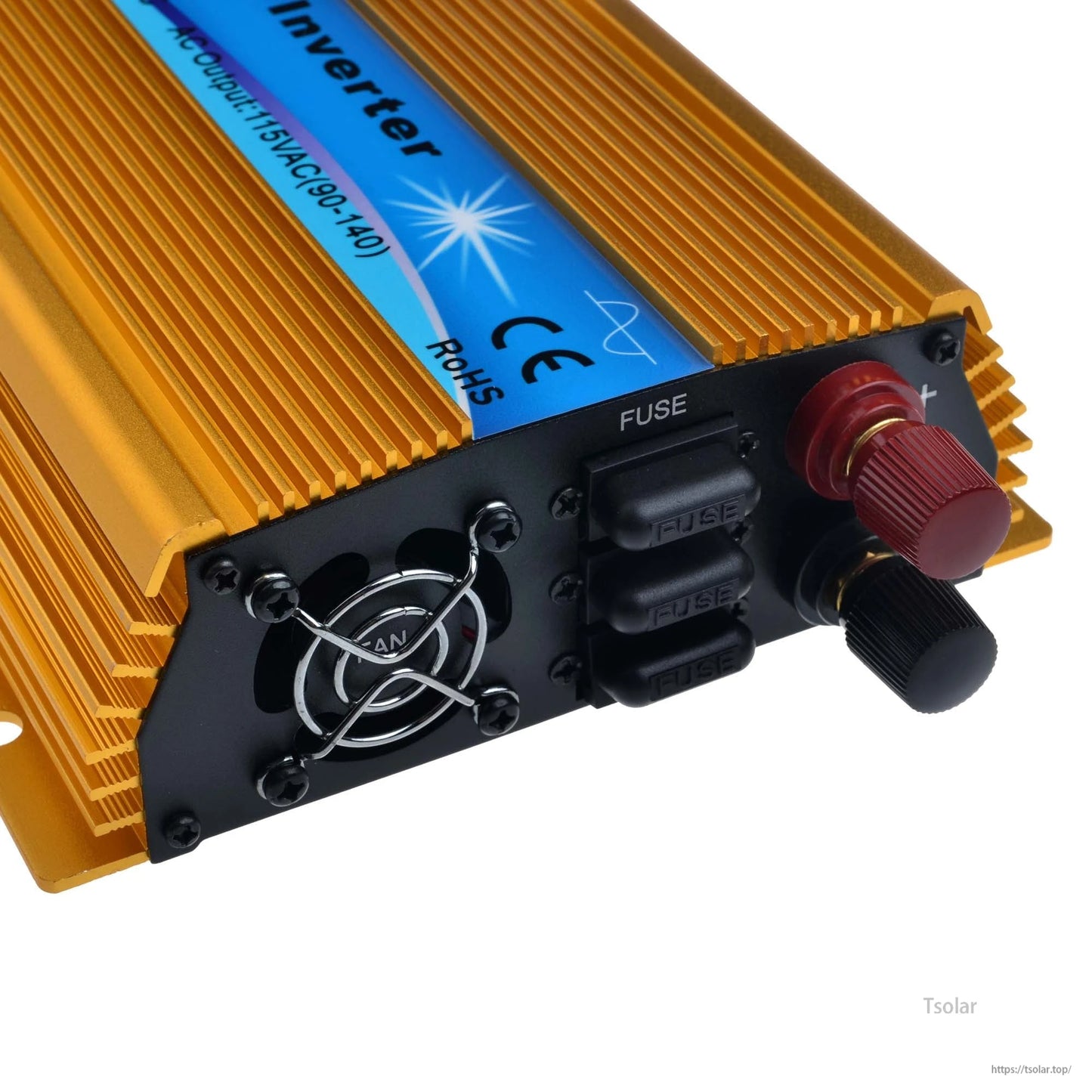 1000W MPPT Grid Tie Inverter, Gold 1000W grid-tie inverter with cooling fan, three fuse holders, and red/black DC terminal posts