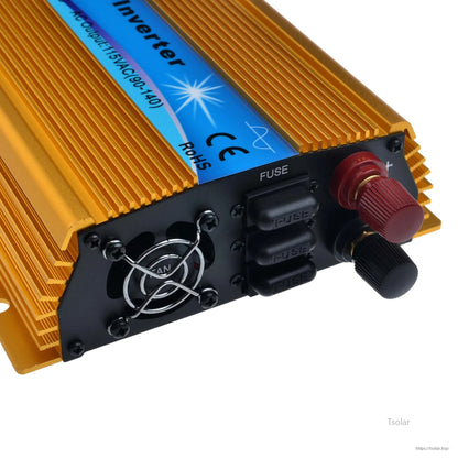 1000W MPPT Grid Tie Inverter, Gold 1000W grid-tie inverter with cooling fan, three fuse holders, and red/black DC terminal posts