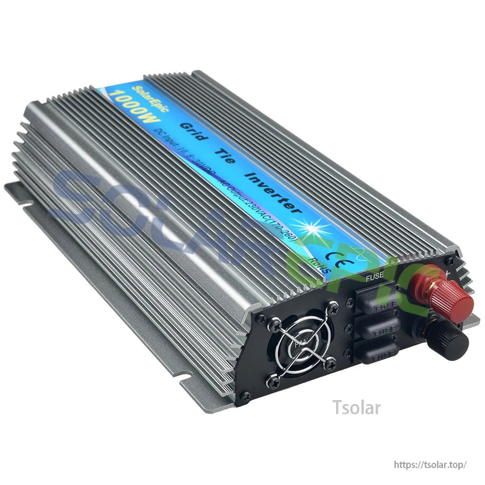 1000W Solar Grid Tie Inverter, Solar grid-tie inverter in finned aluminum case with cooling fan, fuse holder, and red/black screw terminals