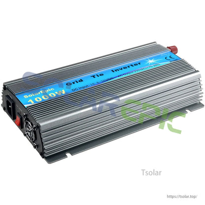 1000W solar grid tie inverter in finned aluminum case with blue label and end-mounted power connectors