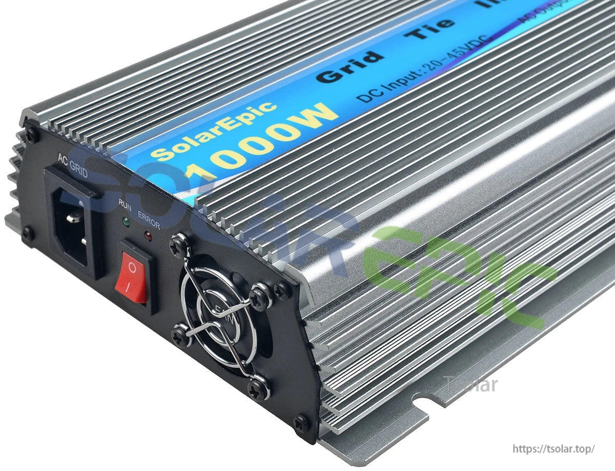 1000W Solar Grid Tie Inverter, 1000W solar grid-tie inverter with finned aluminum case, AC grid socket, power switch, and cooling fan