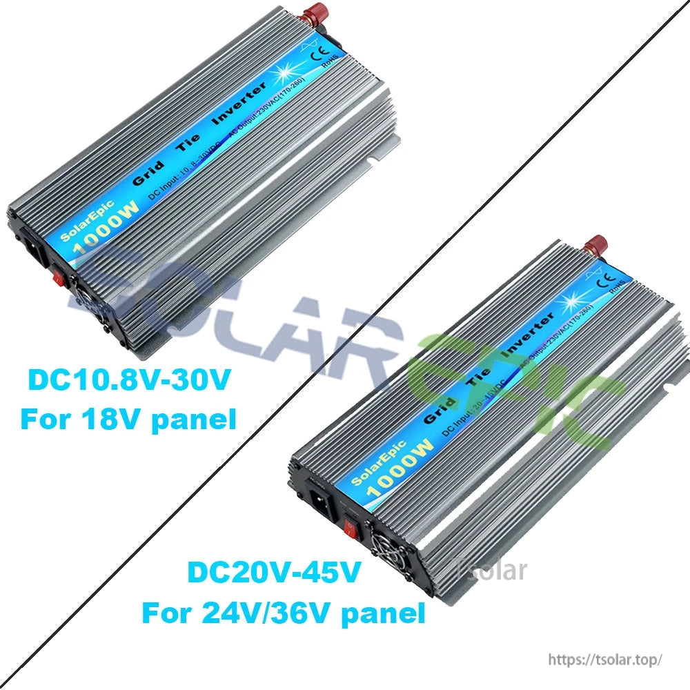 1000W solar grid tie inverter shown in two DC input versions: 10.8–30V (18V panel) and 20–45V (24/36V).