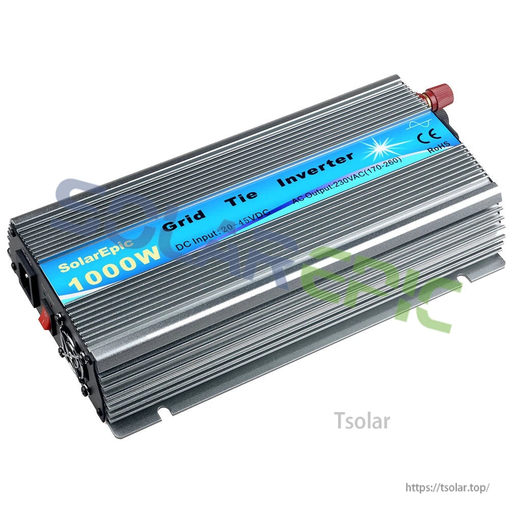 1000W Solar Grid Tie Inverter, SolarEpic 1000W grid tie inverter in finned aluminum case with DC input 20–45VDC label and red terminal