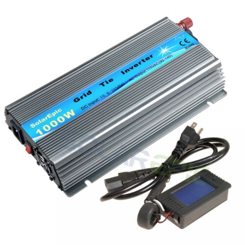 GWV-600W MPPT Grid Tie Micro Inverter, Aluminum grid-tie inverter with finned case, attached AC power cord, and wired LCD display module