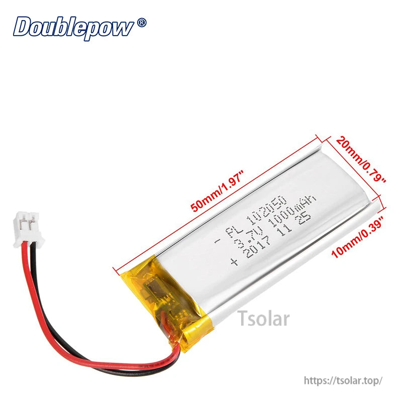 102050 3.7V Lipo Battery, 102050 3.7V 1000mAh LiPo battery, 50x20x10mm, includes connector wires.
