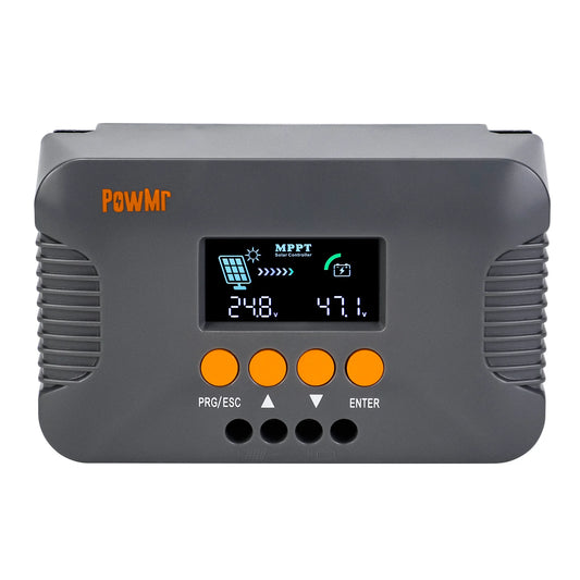 PowMr POW-Boost 10A MPPT Solar Charge Controller, PowMr MPPT Solar Controller with display, buttons, and IP32 protection.