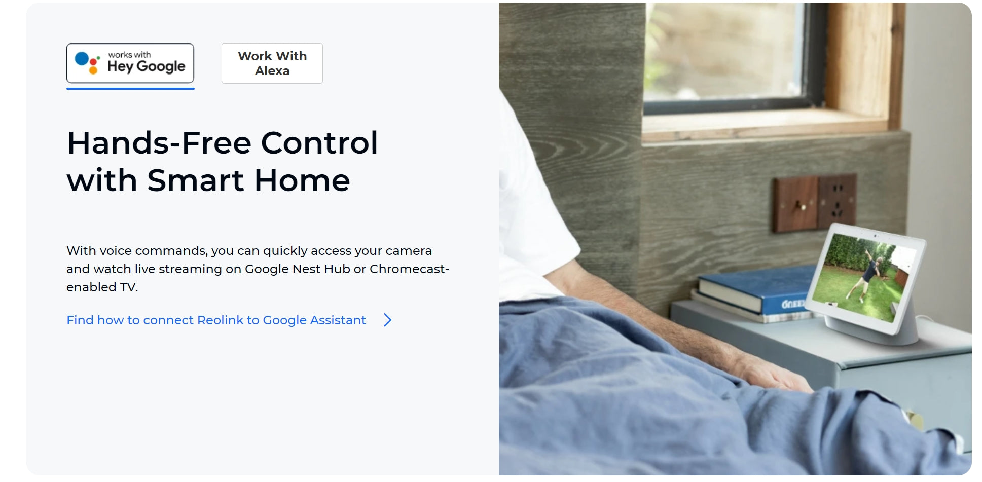 Reolink Go PT Ultra 4G Solar Camera, Voice control your security camera with Google Alexa and stream live feed on Nest Hub or Chromecast-enabled TVs.