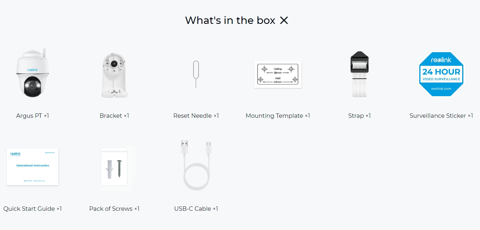 Reolink Argus PT package includes camera unit, mounts, instructions, and USB-C charging cable.