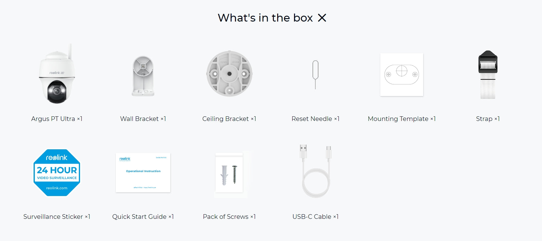 Reolink Argus PT Ultra unboxing kit contents: various brackets, cables, and instructional materials.