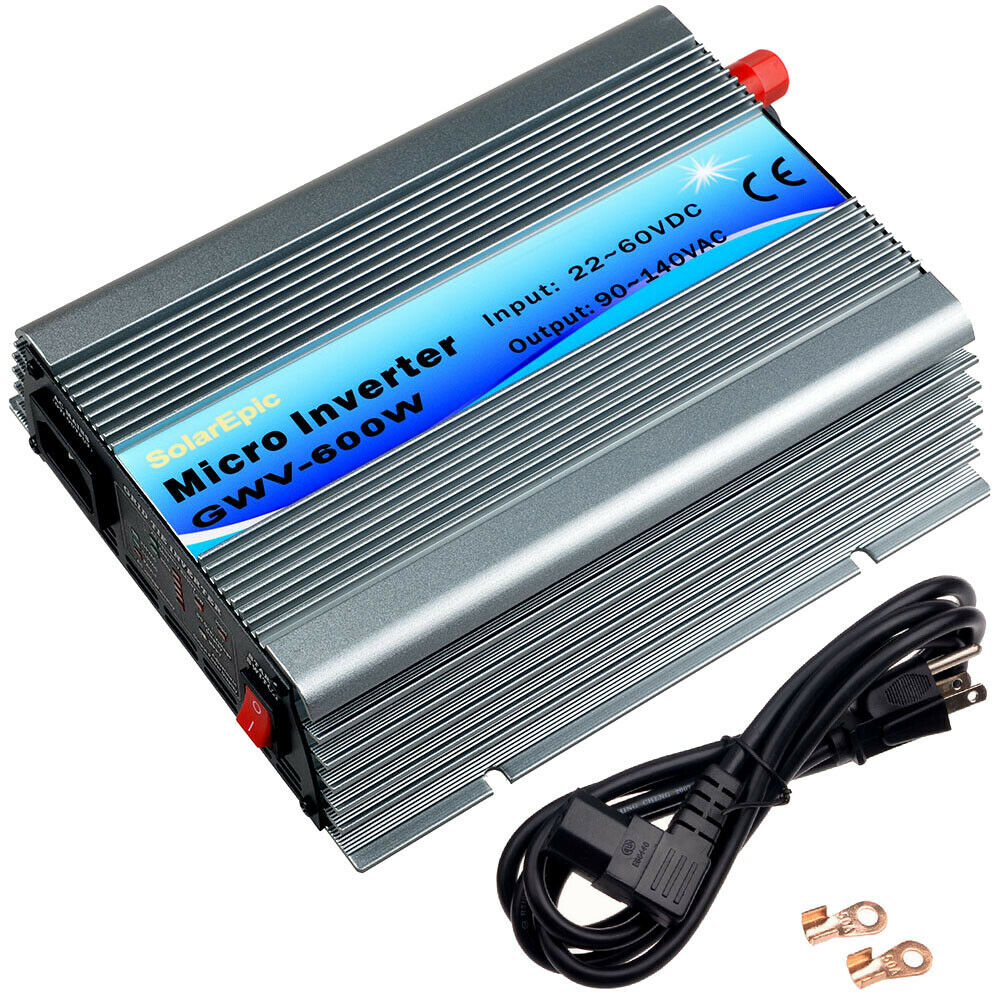 600W Grid Tie Inverter, 600W grid tie micro inverter GWV-600W with finned aluminum case, 22–60VDC input, 90–140VAC output, and power cord