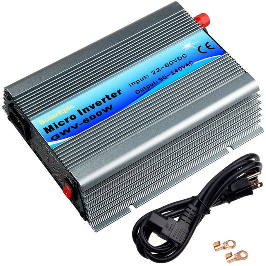 600W Grid Tie Inverter, 600W grid tie micro inverter GWV-600W with finned aluminum case, 22–60VDC input, 90–140VAC output, and power cord