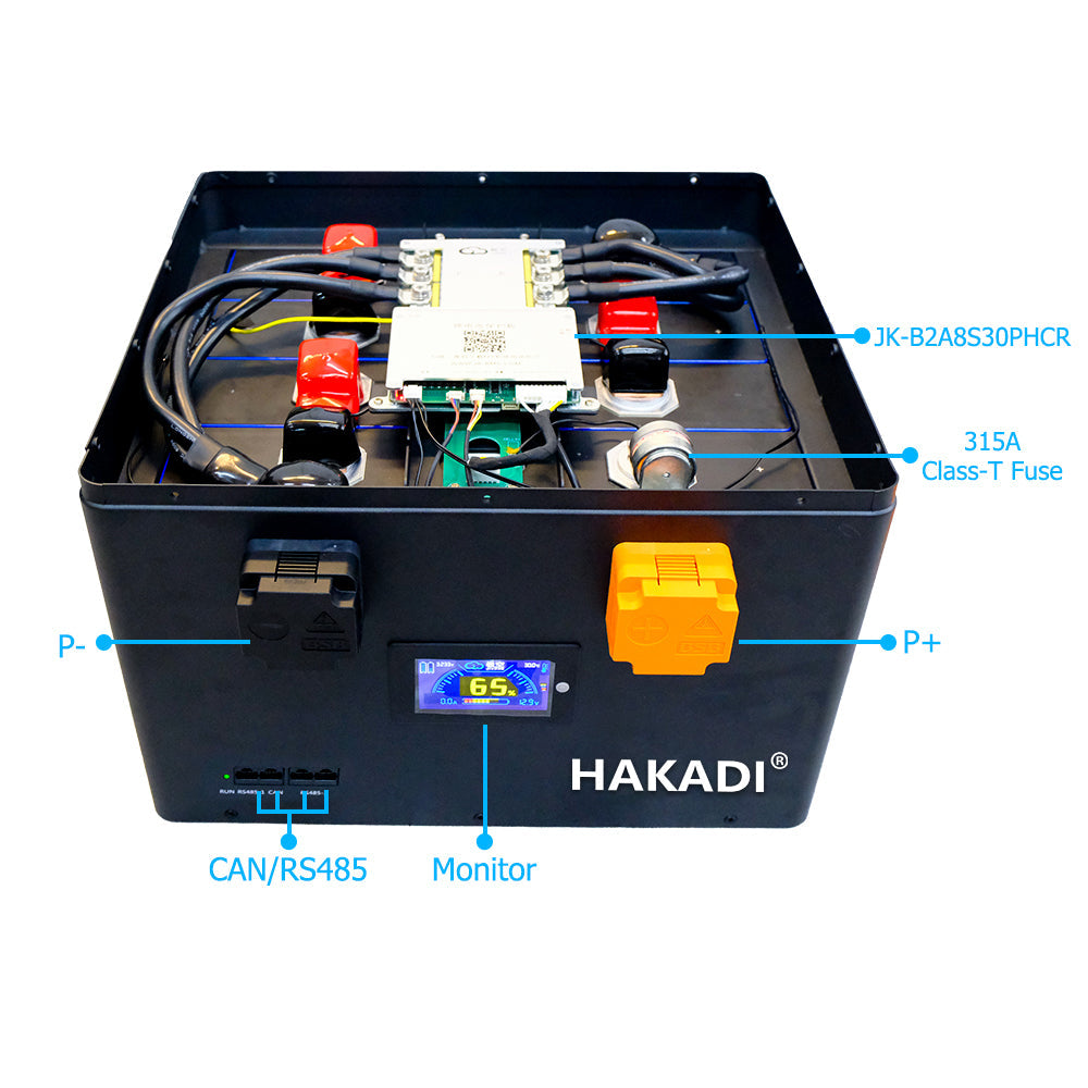 Open-top view showing internal wiring with JK-B2A8S30PHCR BMS, 315A Class-T fuse, CAN/RS485, P+ and P-