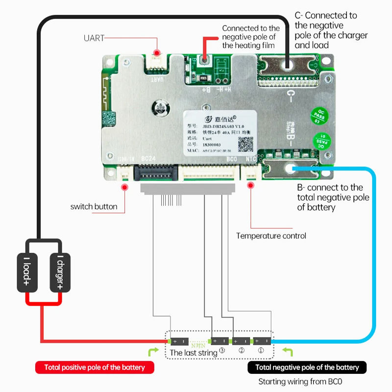 JBD DB24SA03 Smart BMS wiring diagram showing UART, switch button, temperature control, B- and C- connections