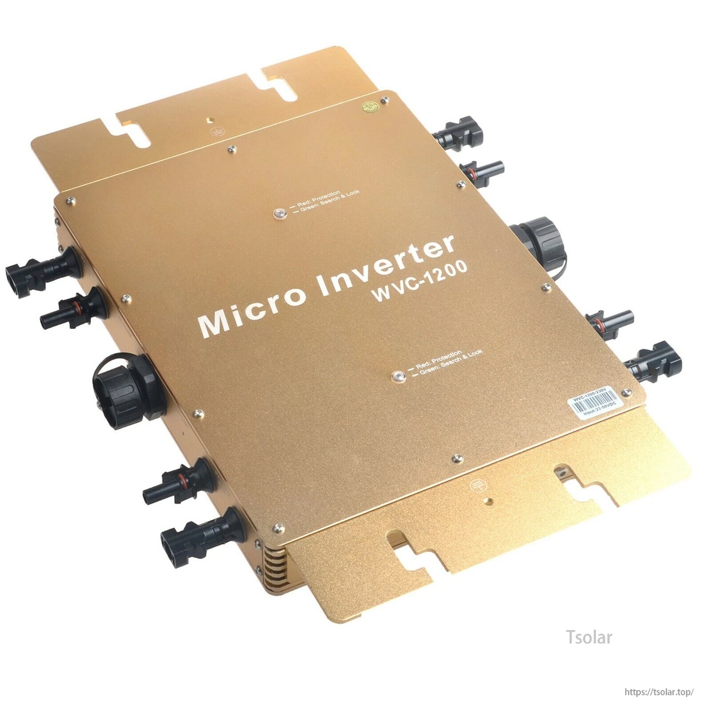1200W Waterproof Grid Tie Inverter, WVC-1200 micro inverter in gold housing with mounting tabs and multiple MC4-style connectors