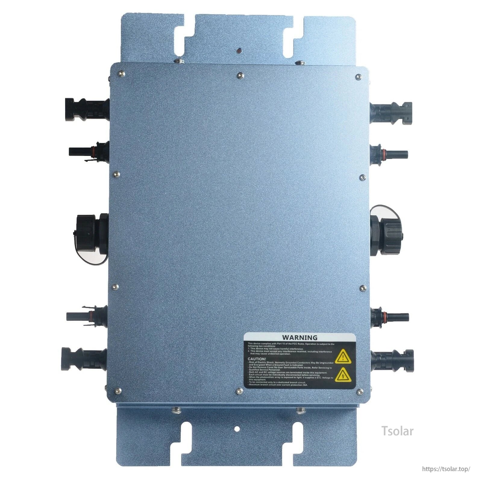 1200W Waterproof Grid Tie Inverter, Metal-cased grid-tie inverter enclosure with multiple side connectors, mounting flanges, and warning label
