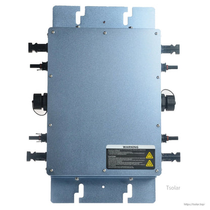 1200W Waterproof Grid Tie Inverter, Metal-cased grid-tie inverter enclosure with multiple side connectors, mounting flanges, and warning label