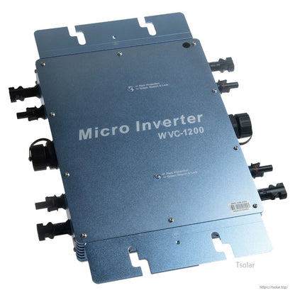 1200W Waterproof Grid Tie Inverter, WVC-1200 micro inverter housing with multiple MC4-style connectors and mounting tabs for grid-tie setup