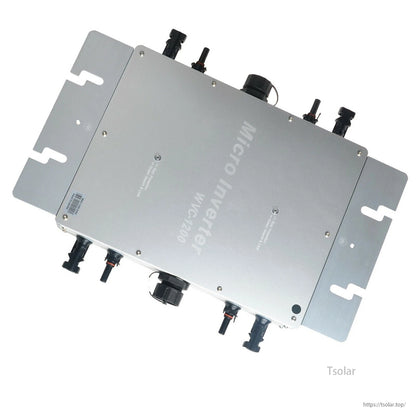 1200W Waterproof Grid Tie Inverter, 1200W grid tie micro inverter with silver metal housing, mounting brackets, and multiple MC4-style connectors