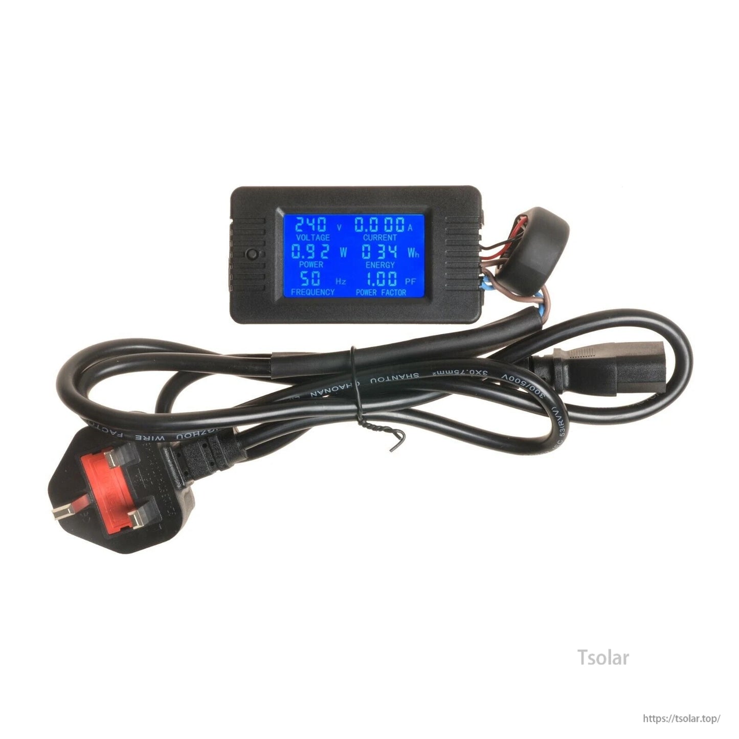 1200W Waterproof Grid Tie Inverter, Plug-in AC power meter with blue LCD display showing voltage, current, power and frequency, with cord and plug