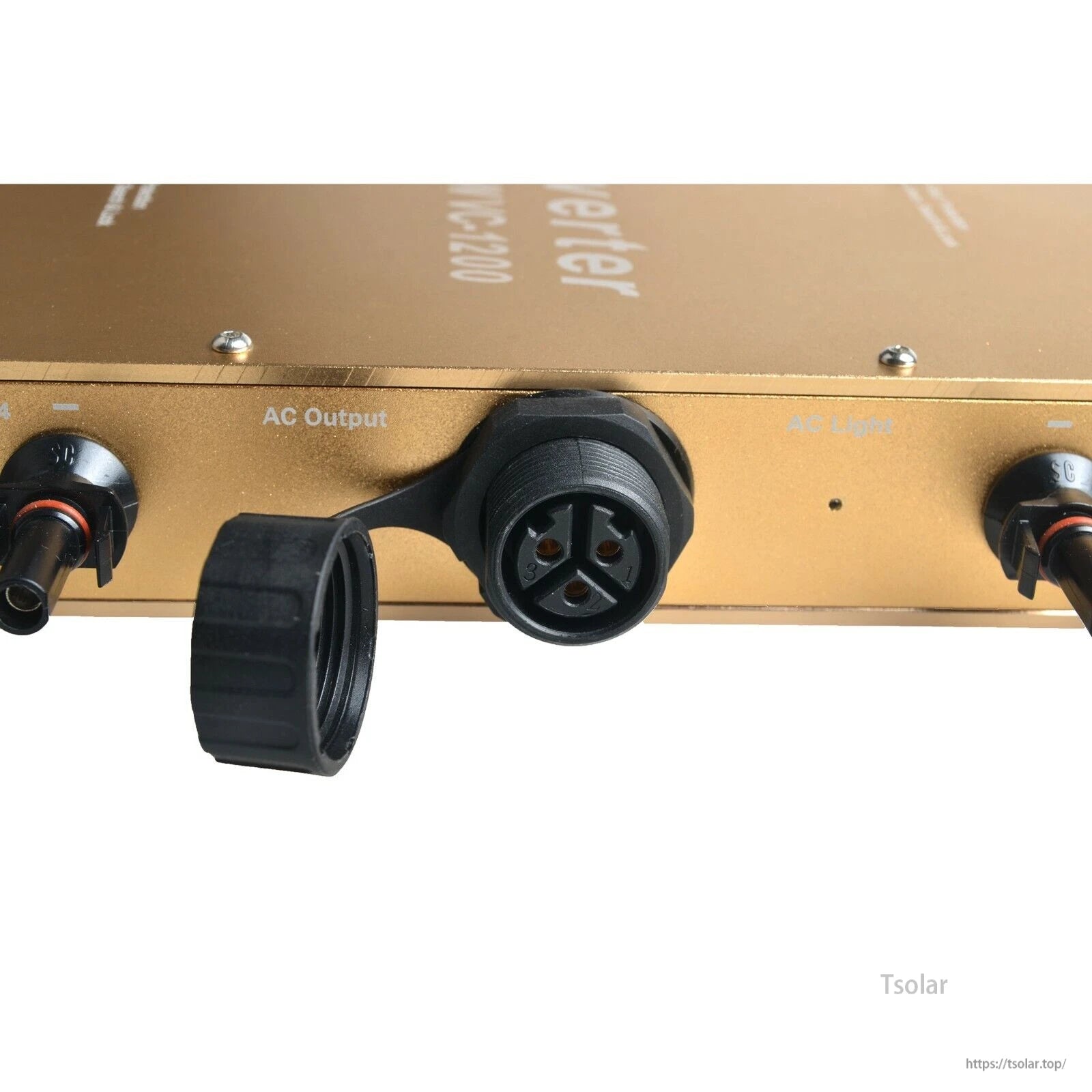 1200W Waterproof Grid Tie Inverter, Close-up of 1200W grid tie inverter AC output waterproof circular connector with screw cap and AC light indicator