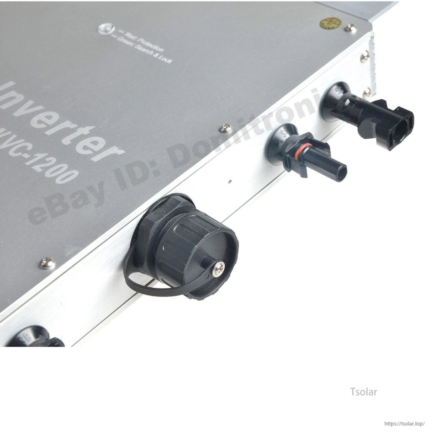 1200W Waterproof Grid Tie Inverter, Close-up of a 1200W waterproof grid-tie inverter housing with MC4-style solar connectors and a sealed cable gland.