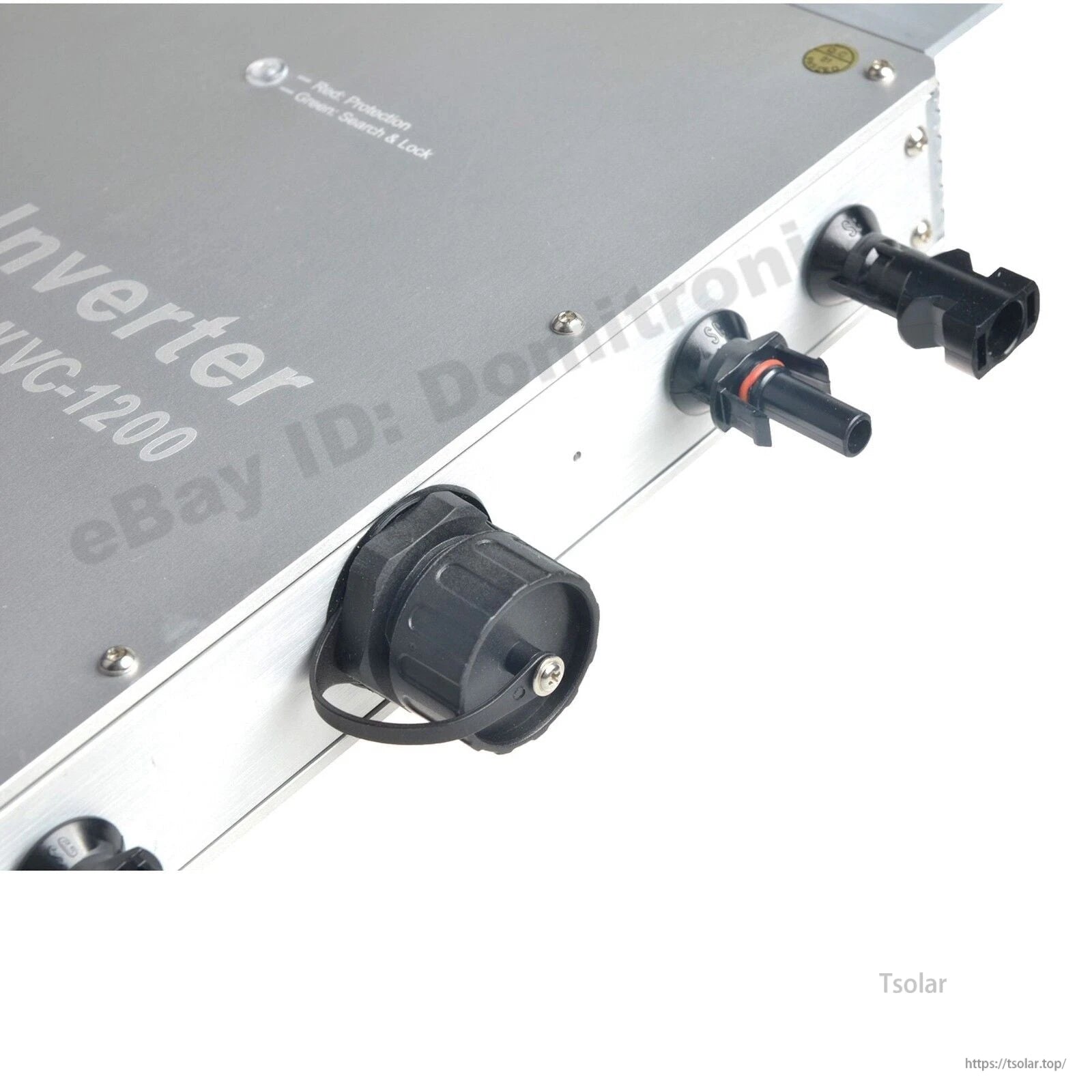 1200W Waterproof Grid Tie Inverter, Close-up of a 1200W waterproof grid-tie inverter housing with MC4-style solar connectors and a sealed cable gland.