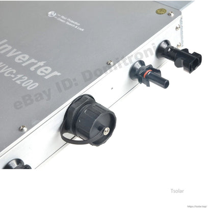 1200W Waterproof Grid Tie Inverter, Close-up of a 1200W waterproof grid-tie inverter housing with MC4-style solar connectors and a sealed cable gland.