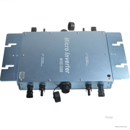 1200W Waterproof Grid Tie Inverter, WVC-1200 micro inverter in blue metal housing with side mounting flanges and multiple bottom connectors