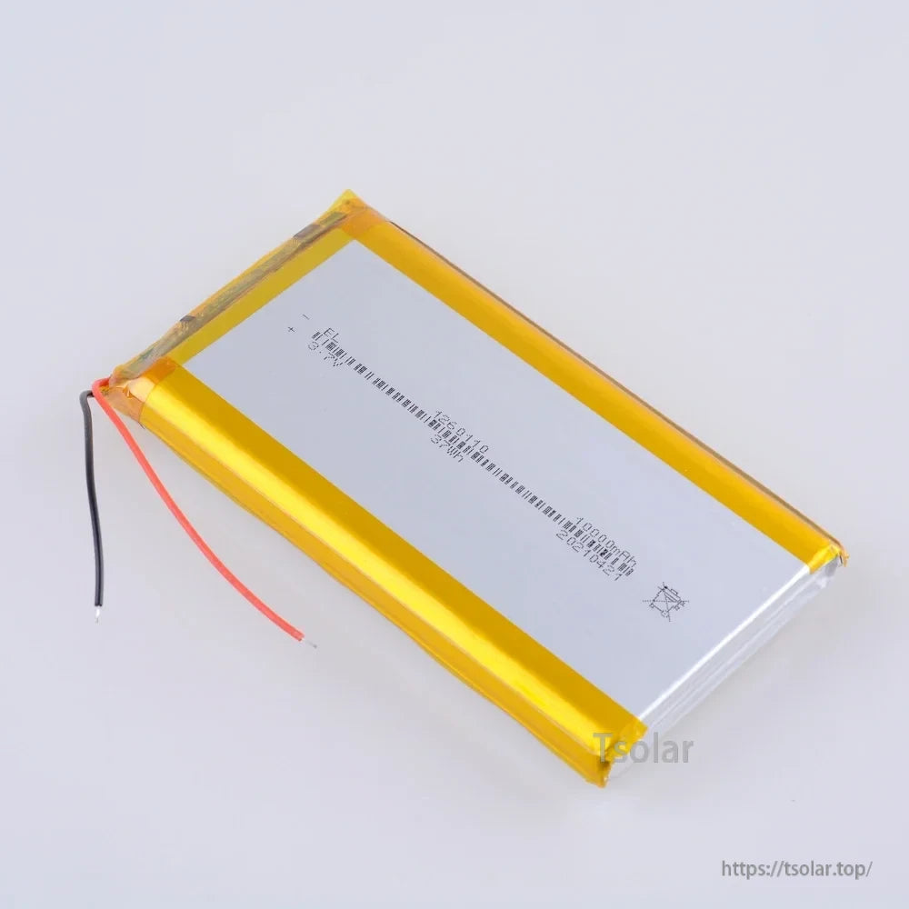 1260110 Lithium Polymer Battery, Rechargeable lithium polymer battery with 3.7V and 10000mAh capacity suitable for power banks, laptops, LEDs, camping, and DIY projects.