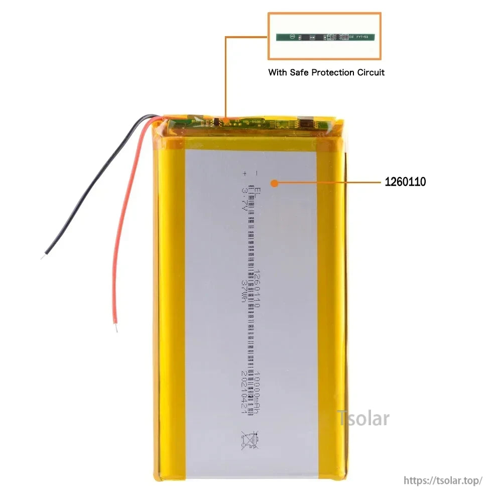 1260110 Lithium Polymer Battery, The stated features include high/low temperature resistance, explosion-proof design, multiple self-protection, and quality control testing.
