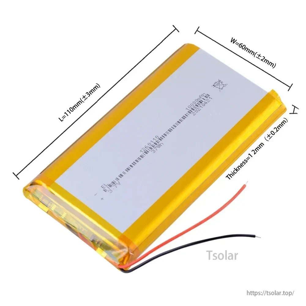 1260110 Lithium Polymer Battery, 3.7V, 3500mAh lithium polymer battery, model 1260110, measuring 110x60x12mm.