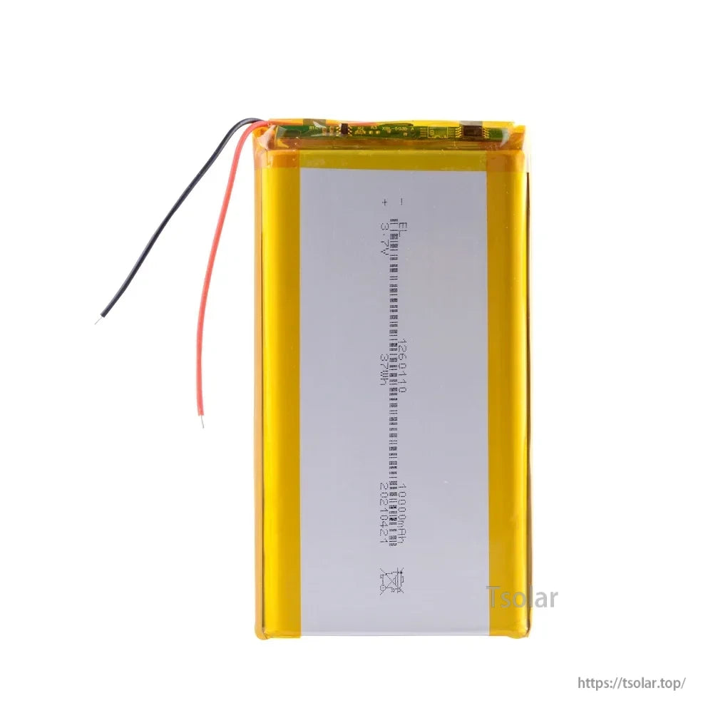 1260110 Lithium Polymer Battery, Lithium polymer battery with 3.7V and 10,000mAh capacity suitable for power banks, laptops, LED lights, and camping applications.