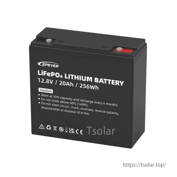 12.8V 20Ah LiFePO4 Lithium Battery, EPEVER LiFePO4 lithium battery 12.8V 20Ah (256Wh) with top terminals and safety caution label